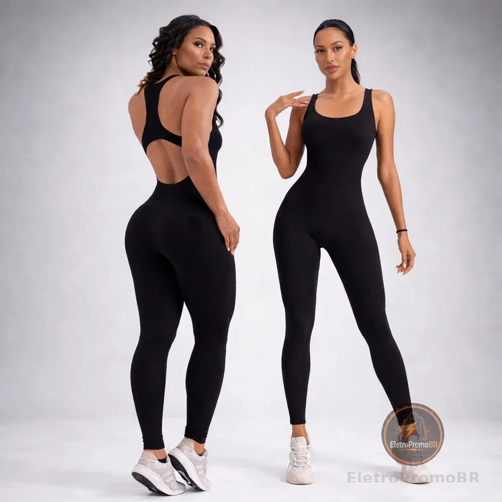 Macacão Longo Canelado Feminino Academia Fitness Zero Transparência Malha Premium