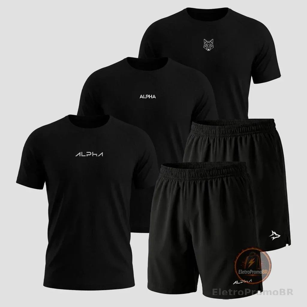 Kit 5 Peças All Black Dry 3 Camisetas e 2 Bermudas Alpha Co