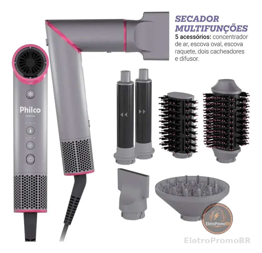 Secador de Cabelos Philco Motor BLDC 6 acessórios Fast Dry 1450W PSD16A 127v