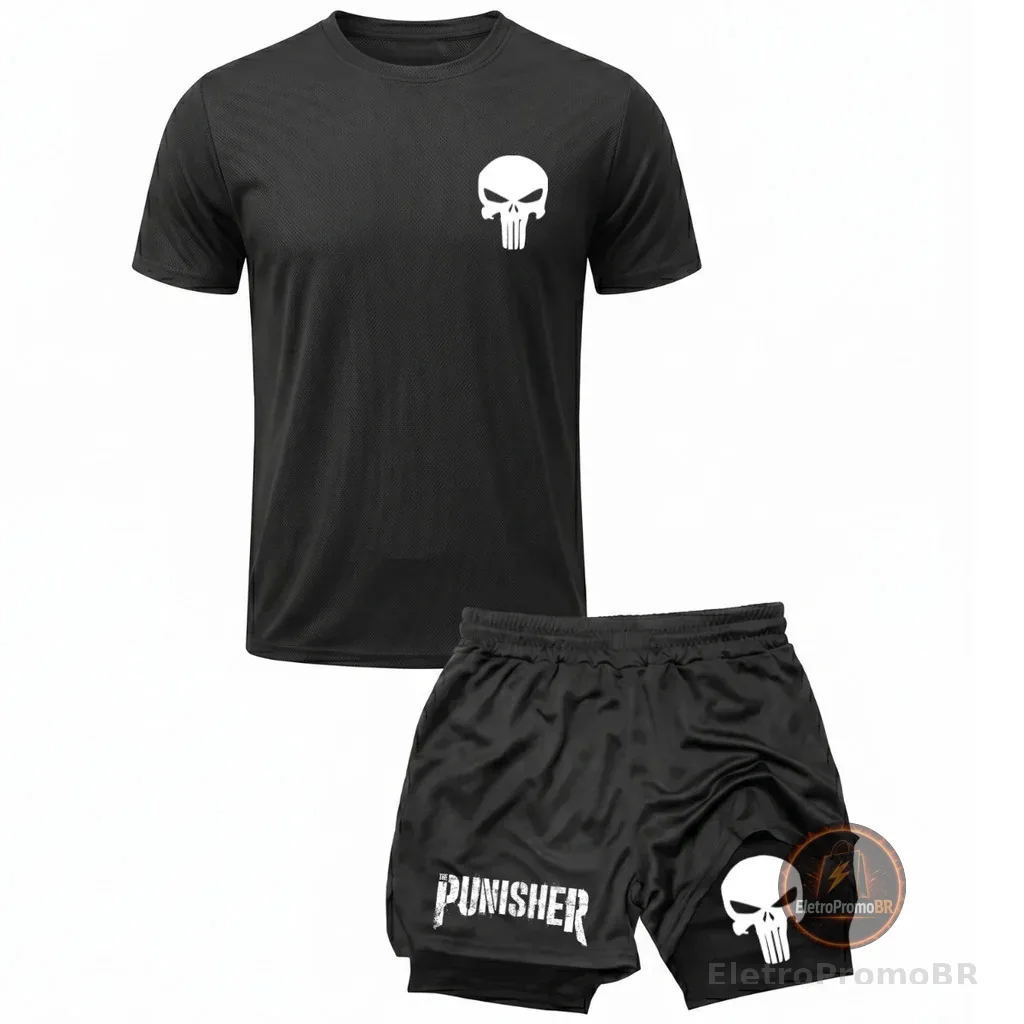 Kit Academia Treino Camiseta Dry Fit + Short 2 Em 1 Compressão Punisher