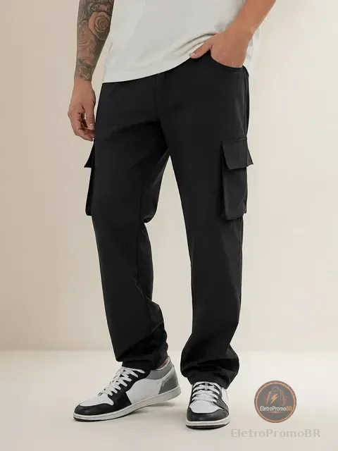 Calça Jogger Slim Masculina Mm  Cargo Preta 4 Bolsos