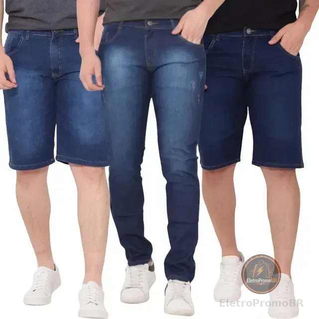 Kit 2 Bermuda Masculina Jeans E 1 Calça Jeans Skinny Lycra