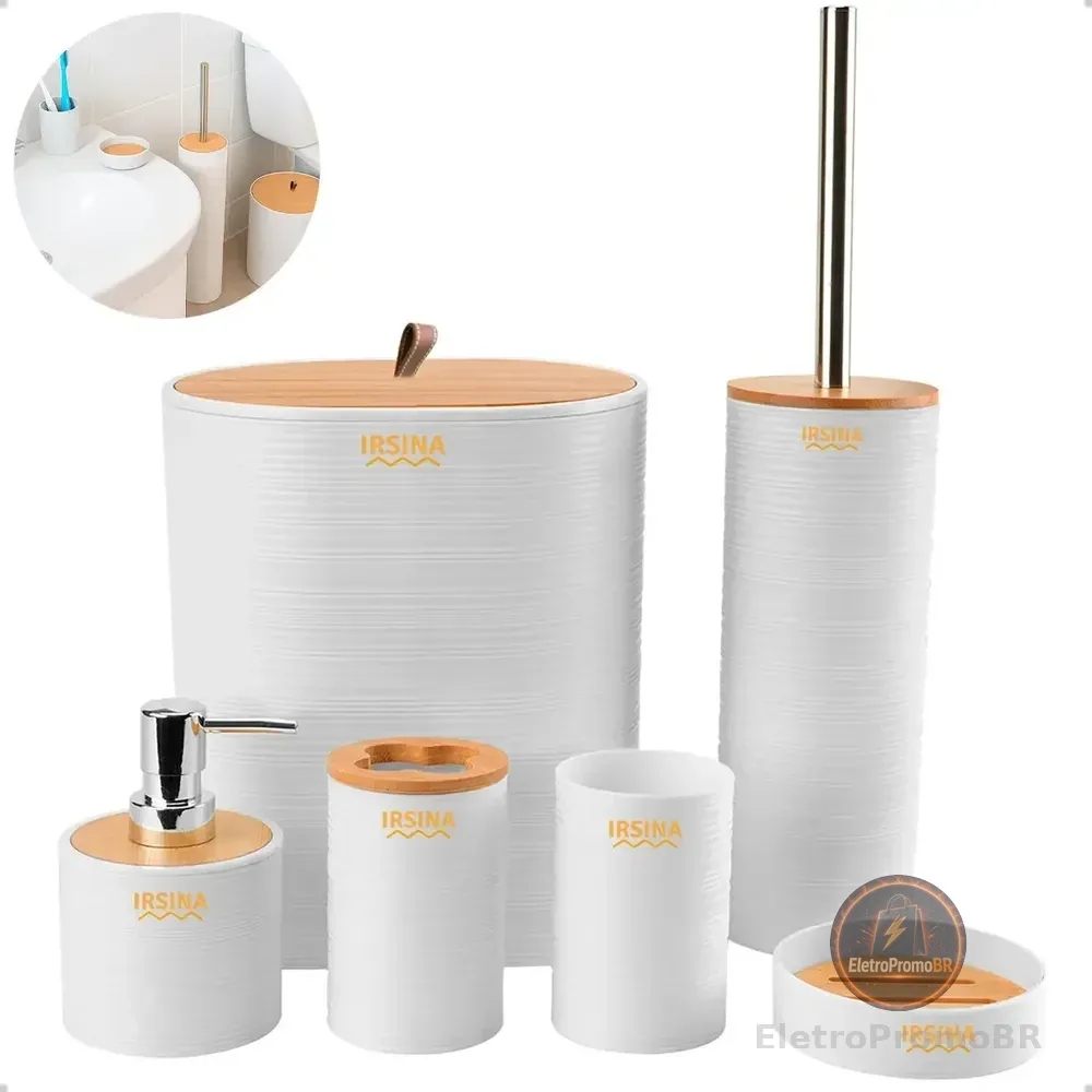 Kit Banheiro Conjunto De Acessórios Moderno Bambu Lixeira Saboneteira Escova Cor Branco Irsina