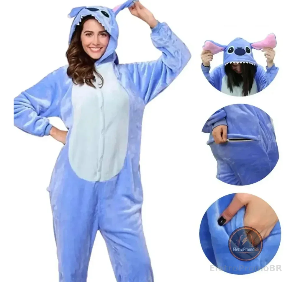 Pijama Macacão Kigurumi Adulto Feminino Plush Peluciado Azul M