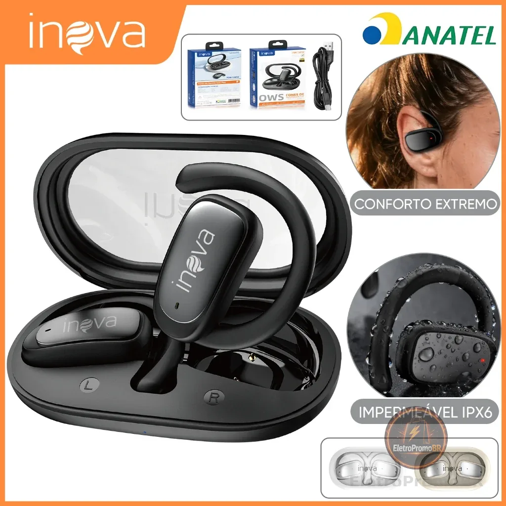 INOVA Fone de Ouvido Aberto 36H Bateria IPX5 à Prova d'Água Bluetooth 5.4 Ajustável para Android Apple Samsung