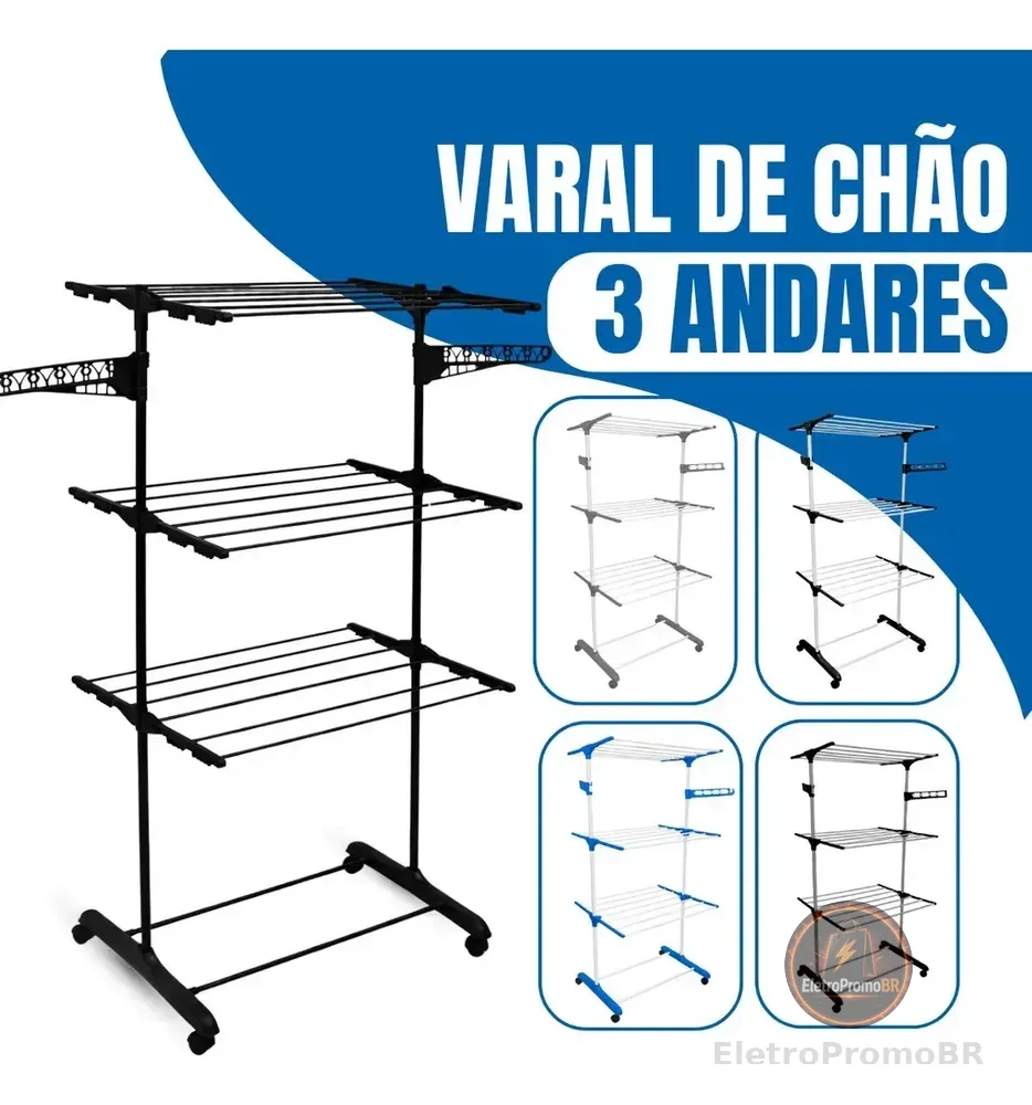 Varal de Chão Epsilon 3 Andares Dobrável com Rodas