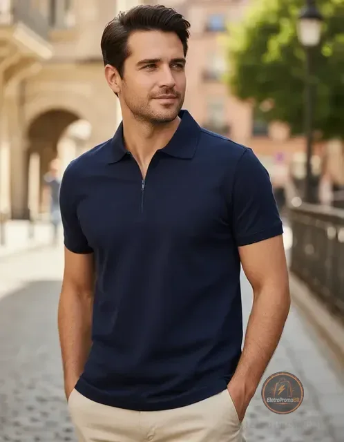 Camisa Polo Masculina Anistia Zíper Algodão Elastano Premium
