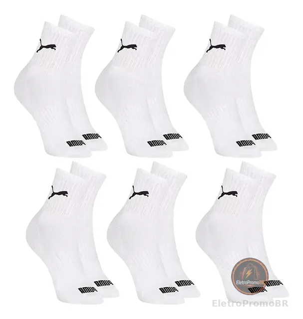 6 Pares Meias Puma Cano Médio Alto Atoalhada Academia Sport