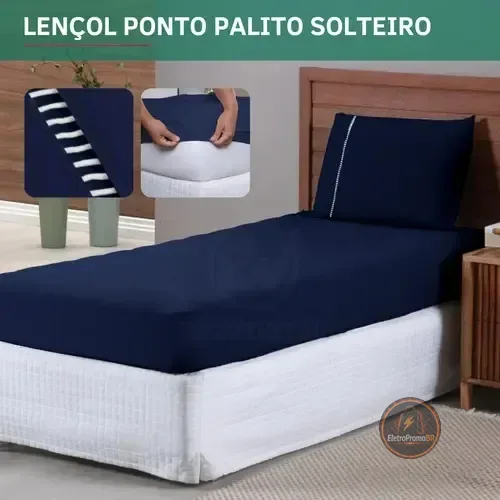 Jogo De Lençol 2 Peças Solteiro Micropercal 400 Fios C/ Fronha Ponto Palito Elástico Premium Extra Macio Resistente Cor Azul Marinho
