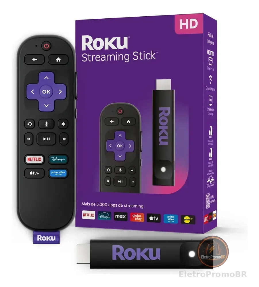 Roku Streaming Stick 2025 Para Tv Hd/fhd Controle Por Voz Preto De Voz 3ª geração 3840BR