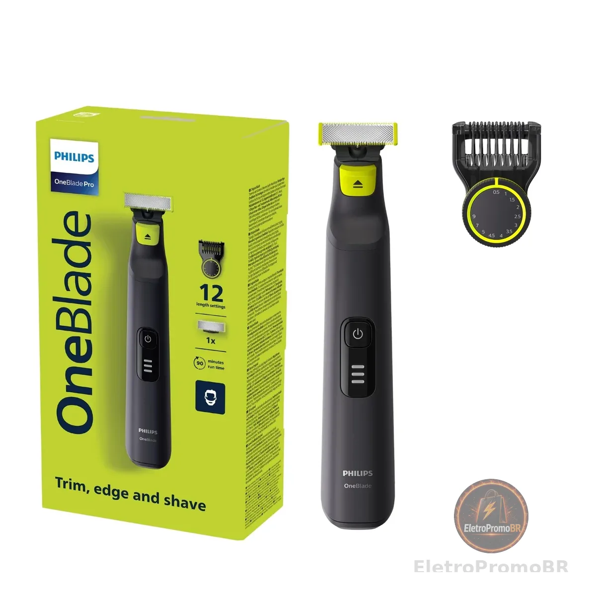 Philips OneBlade Pro Barbeador e Aparador Elétrico 12 Tamanhos em 1 Pente | Apara e barbeia com precisão | Display Indicador de Bateria | Lâmina Dupla Face | À prova d'água | QP6532/10