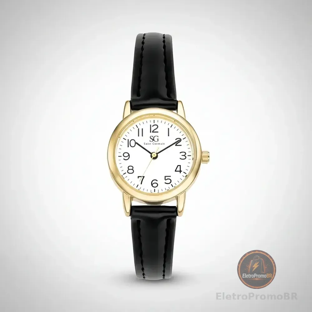 Relógio Feminino Dourado Saint Germain 24mm Correia Preta Caixa Dourada Fundo Branco Elegante Clássico Delicado