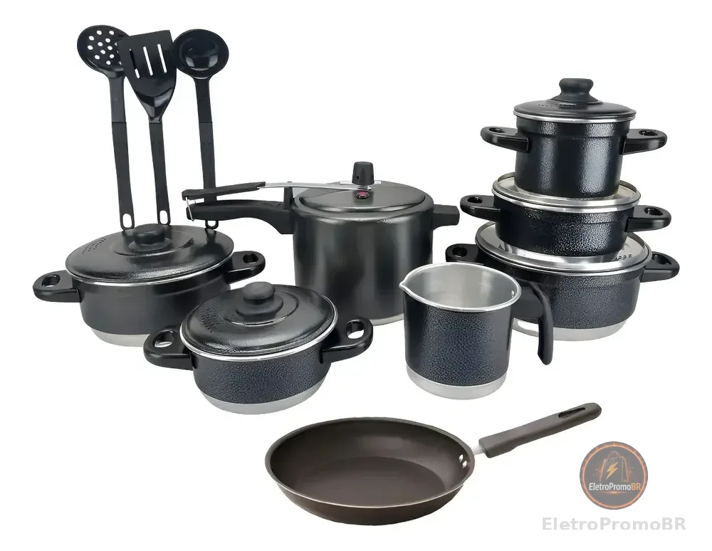 Jogo de Panelas Extra Forte Luxo 12 Peças com Panela de Pressão e Frigideira Antiaderente Preto Craqueado