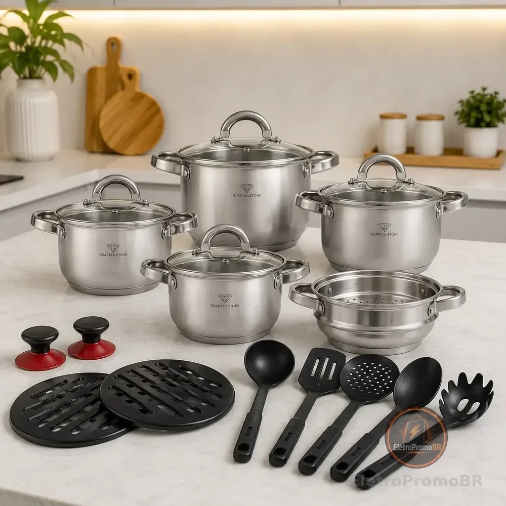 Jogo Panelas Inox 19 Peças Genebra Completo C/ Utensílios Prateado