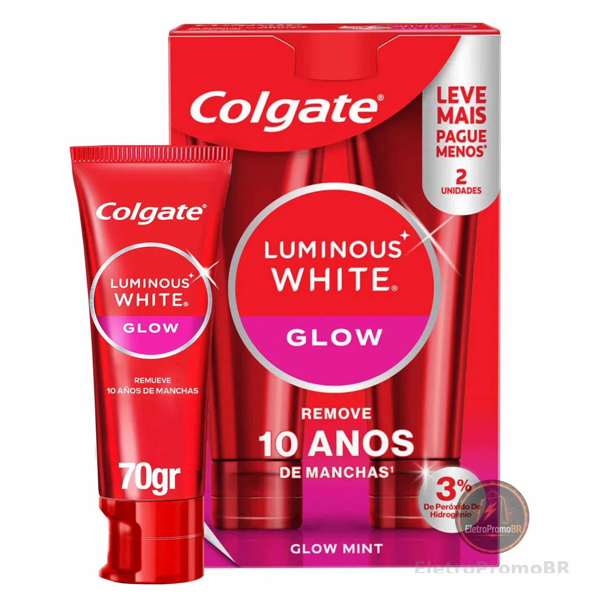 Colgate Creme Dental Clareador Luminous White Glow 2x70g | Kit 2 Unidades, 3% de Peróxido de Hidrogênio, Remove Mais de 10 Anos de Manchas