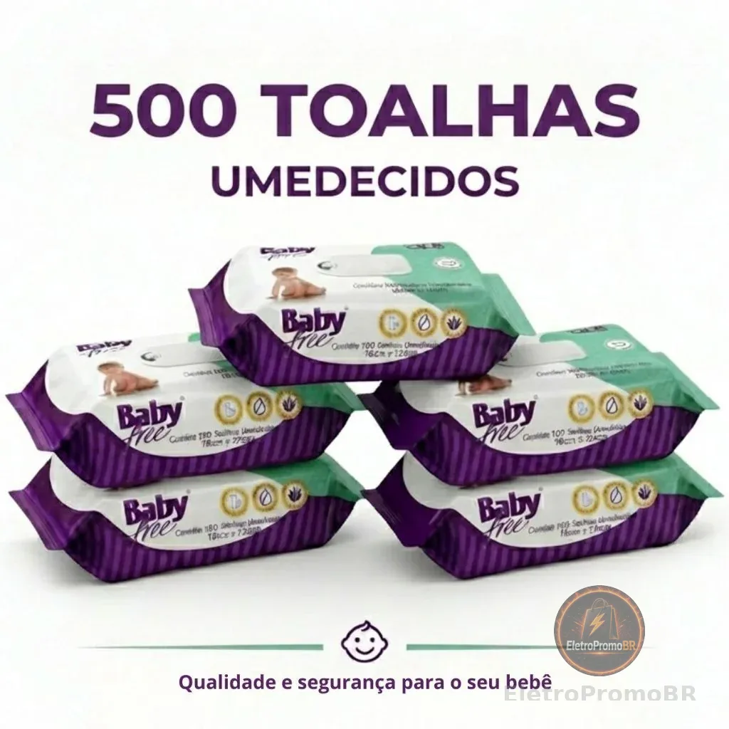 KIT COM 5 PACOTES TOALHAS UMEDECIDAS/LENÇOS BABY FREE C/100-(sem tampa flip-top)