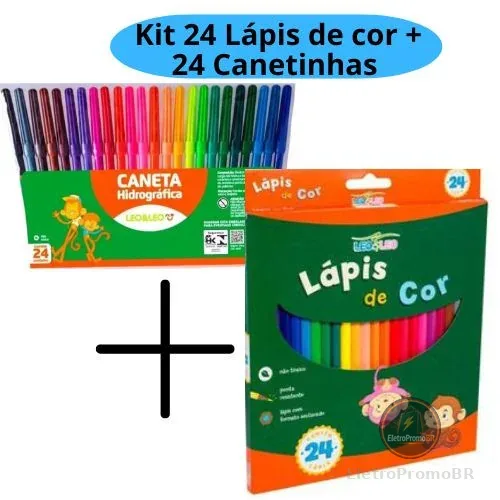 kit Lápis de Cor 24 cores e Caneta Hidrográfica 24 cores Canetinha  Leo e Leo