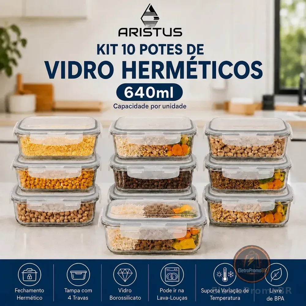 Kit 10 Potes Vidro Hermético Aristus 640ml Marmita Anti Vazamento Forno Micro-ondas Freezer Tampa 4 Travas - Cinza