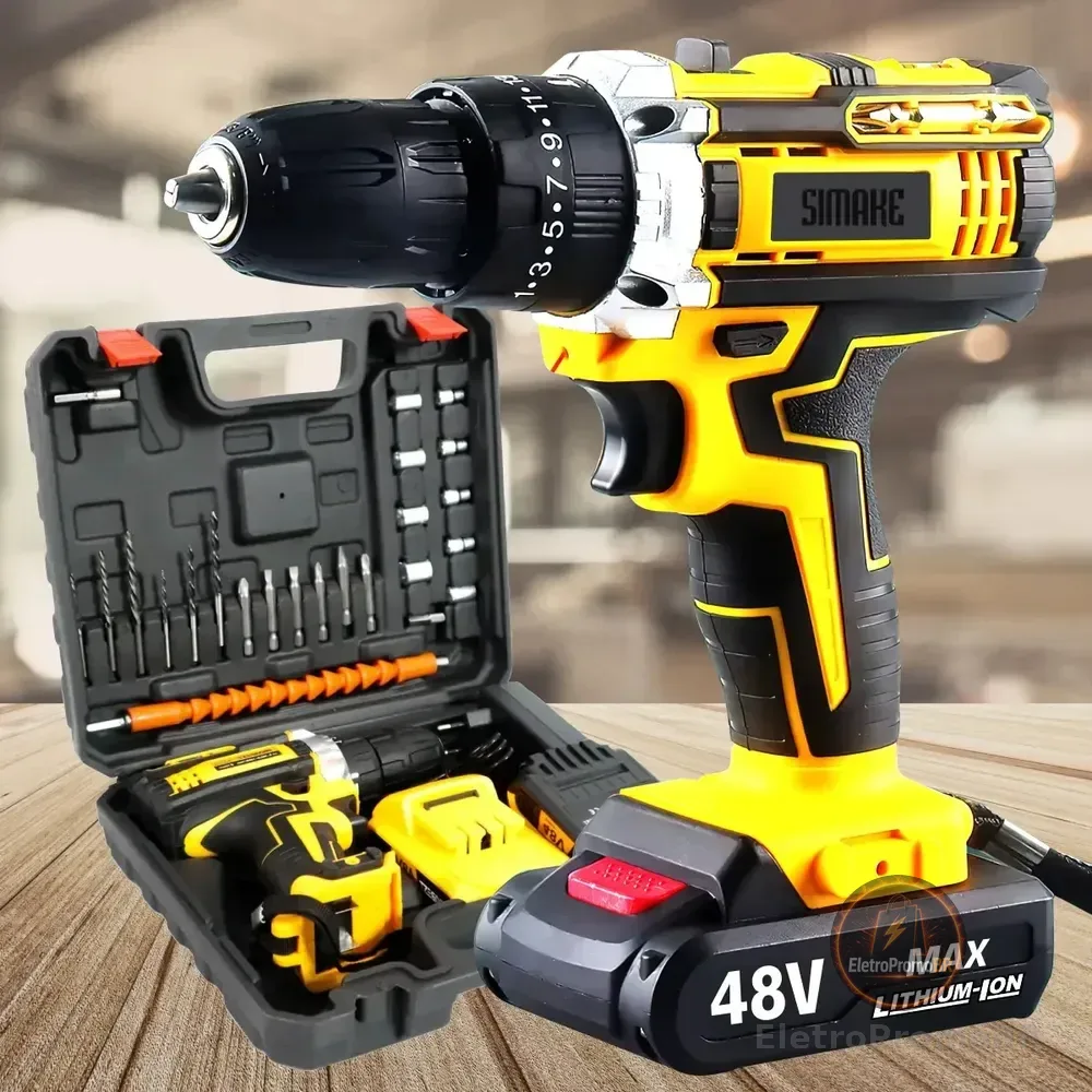 Parafusadeira Furadeira C/ 2 Baterias Maleta Kit Completo Led Eixo Flexível Vários Níveis Torque Simake
