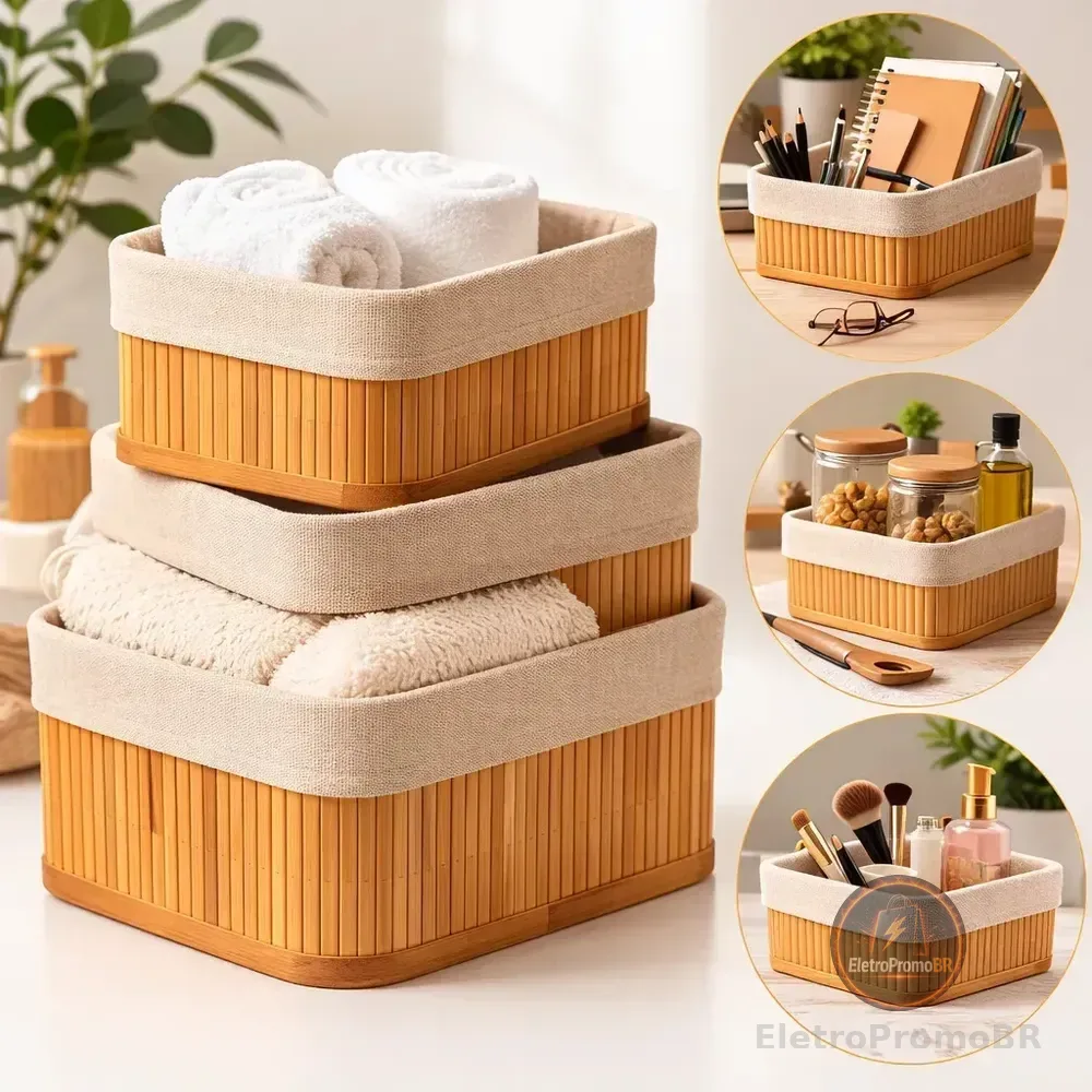 Kit 3 Cestos Organizadores de Bambu Retangulares com Forro Lavável Multiuso Organizar Casa Banheiro Cozinha Guarda-Roupa Lavanderia Armazenamento de Objetos - Nany Pink