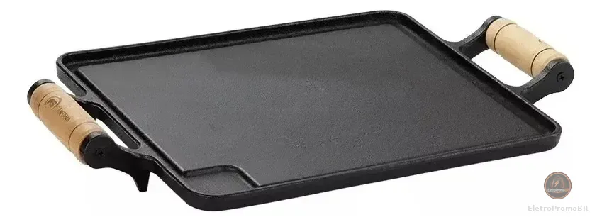 Bifeteira chapa de ferro 38cm x 24cm cor preto com alça de madeira Fundição Santana