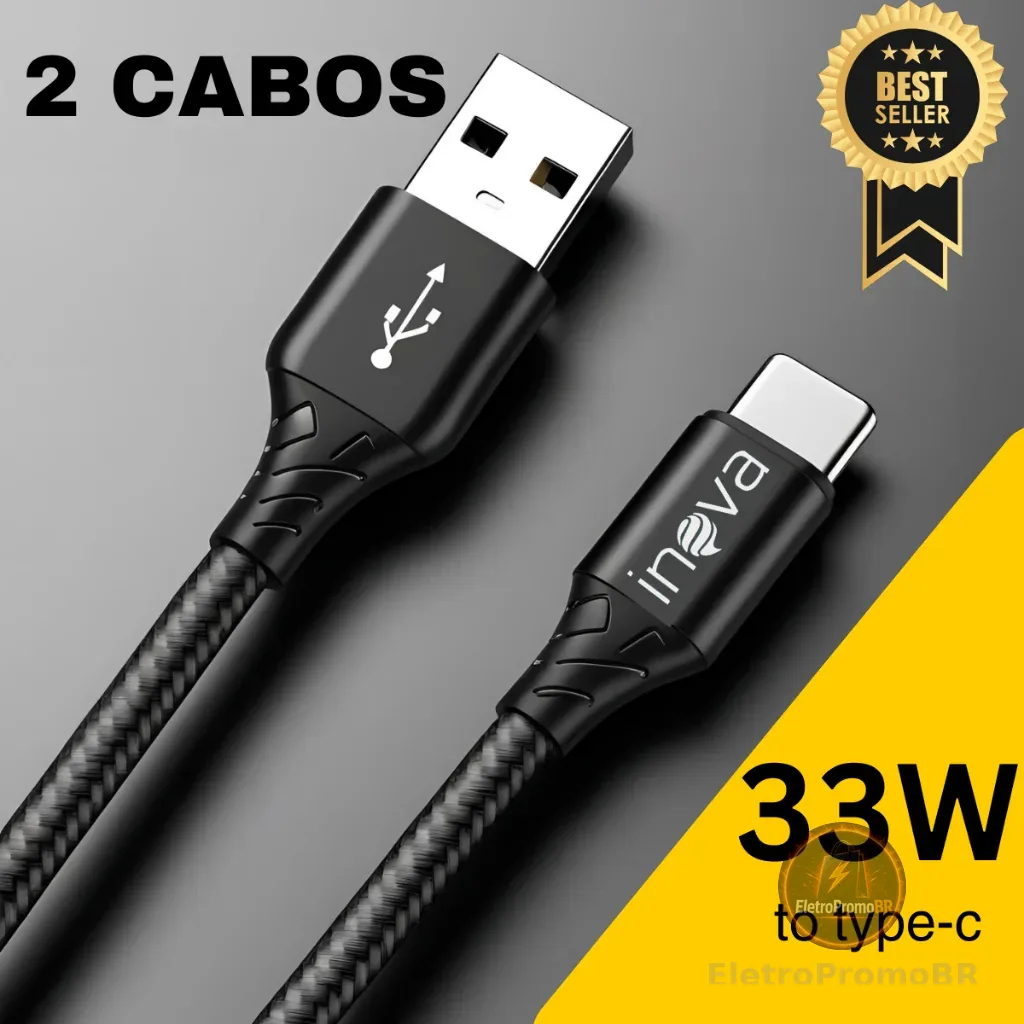KIT 2 CABOS TIPO-C ULTRA RÁPIDO ORIGINAL INOVA Compatível com Diversas Marcas