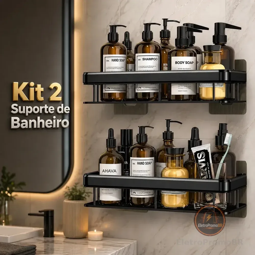 Kit 2 Suporte De Parede Porta Shampoo Banheiro Cosinha Universal Prateleira Inox Ventosa Adesivo Organizador Multifuncional Ak Acessórios