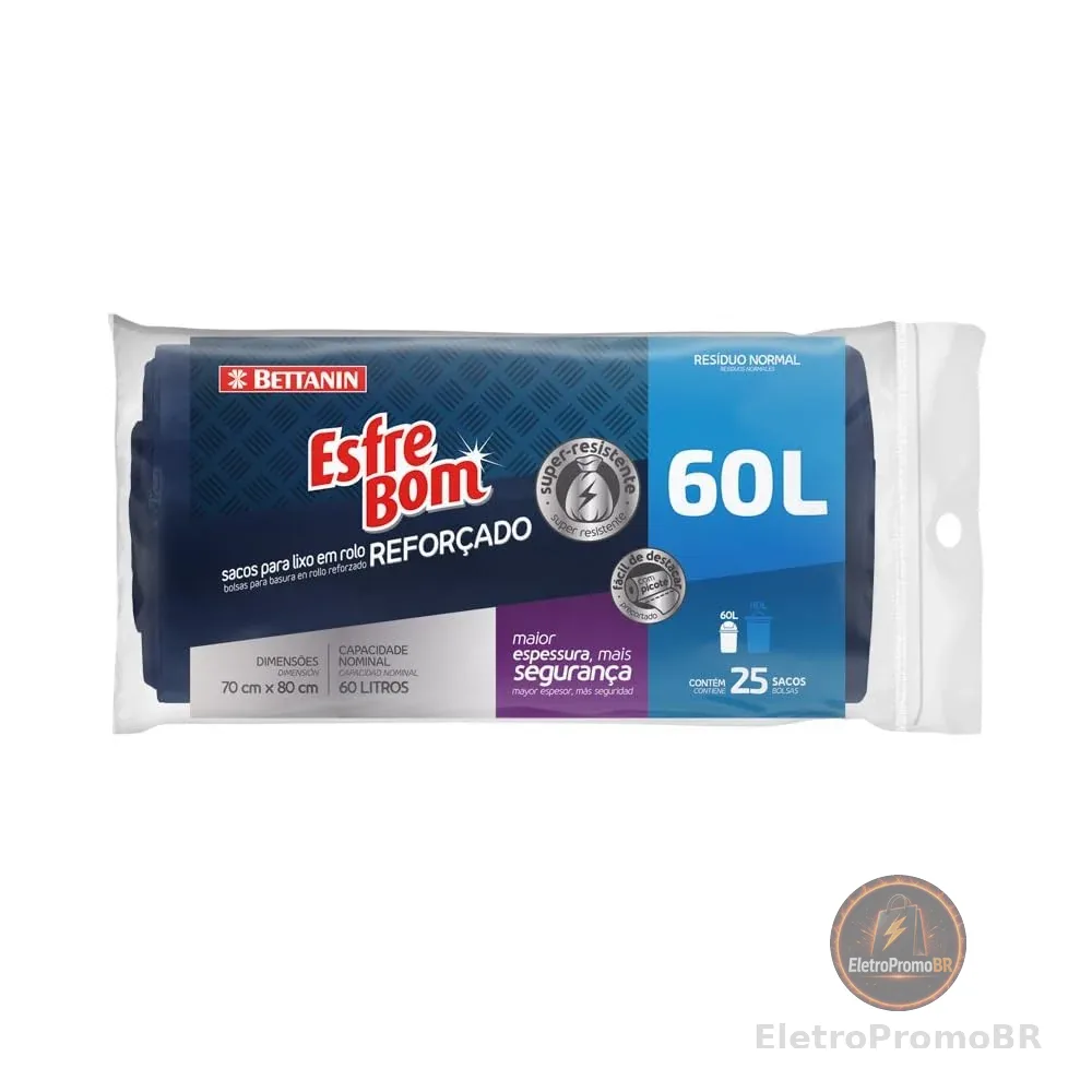 EsfreBom - Saco para Lixo Reforçado, Rolo com 25 Sacos de 60 Litros, Azul Escuro, Bettanin