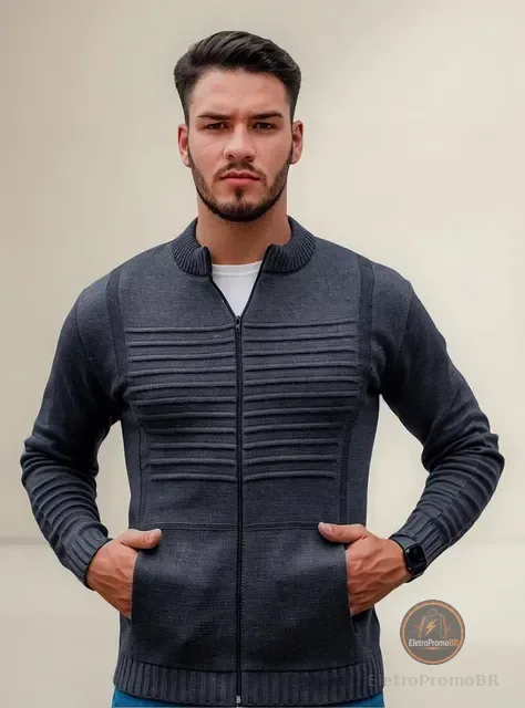 Jaqueta Masculina Blusa De Frio Malha Grossa Ziper E Bolso