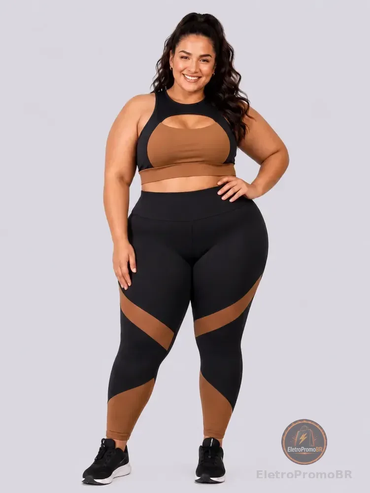 Conjunto Plus Size Top E Calça Academia Sem Transparência Preto/castanho Liso Básico G1 46/48