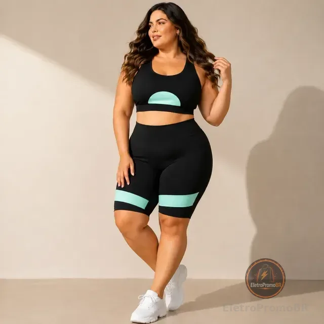 Conjunto Plus Size Academia Top E Bermuda Fitness Cós Alto