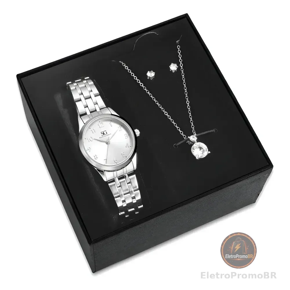 Kit Relógio Colar E Brincos Ponto De Luz Feminino Luxo Silver Saint Germain Presente Original Joias Prata Elegante Clássico 28mm Prateado