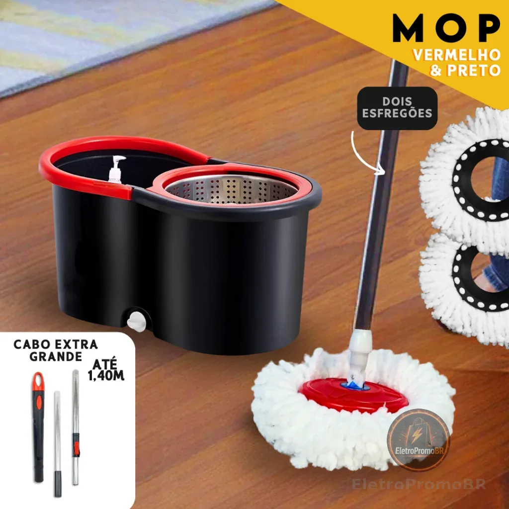 Mop C/ cabo de 140 cm + 2 Refis - Rodinhas e Cesto Em Inox - Balde Centrífuga - NL