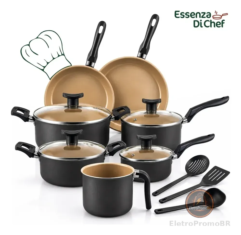 Conjunto Panelas Antiaderente 10 Peças Teflon Várias Cores Preto Com Beje