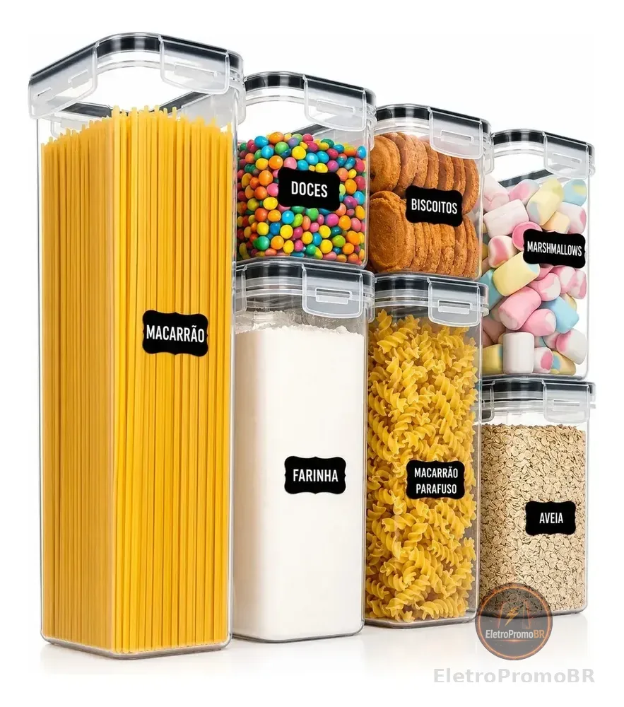 Pote Hermetico Kit 07 Trava Plastico Organizador Mantimento