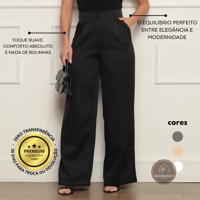 Calça Alfaiataria Feminina Wide Leg Social Cintura Alta