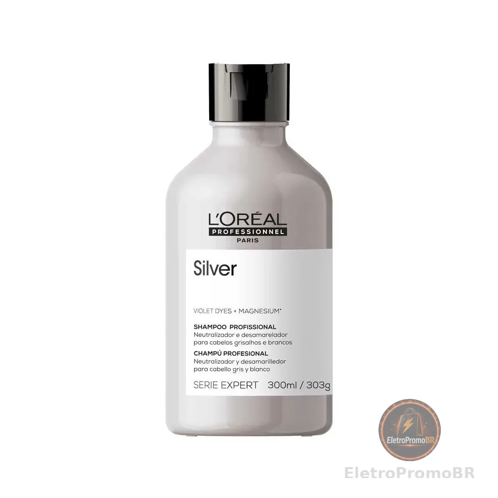 L'Oreal Professionnel Shampoo Silver, Neutraliza Tons Amarelos Indesejados, Com Pigmentos Roxo, Para Cabelos Brancos e Grisalhos, Promove Brilho & Maciez, 300ml