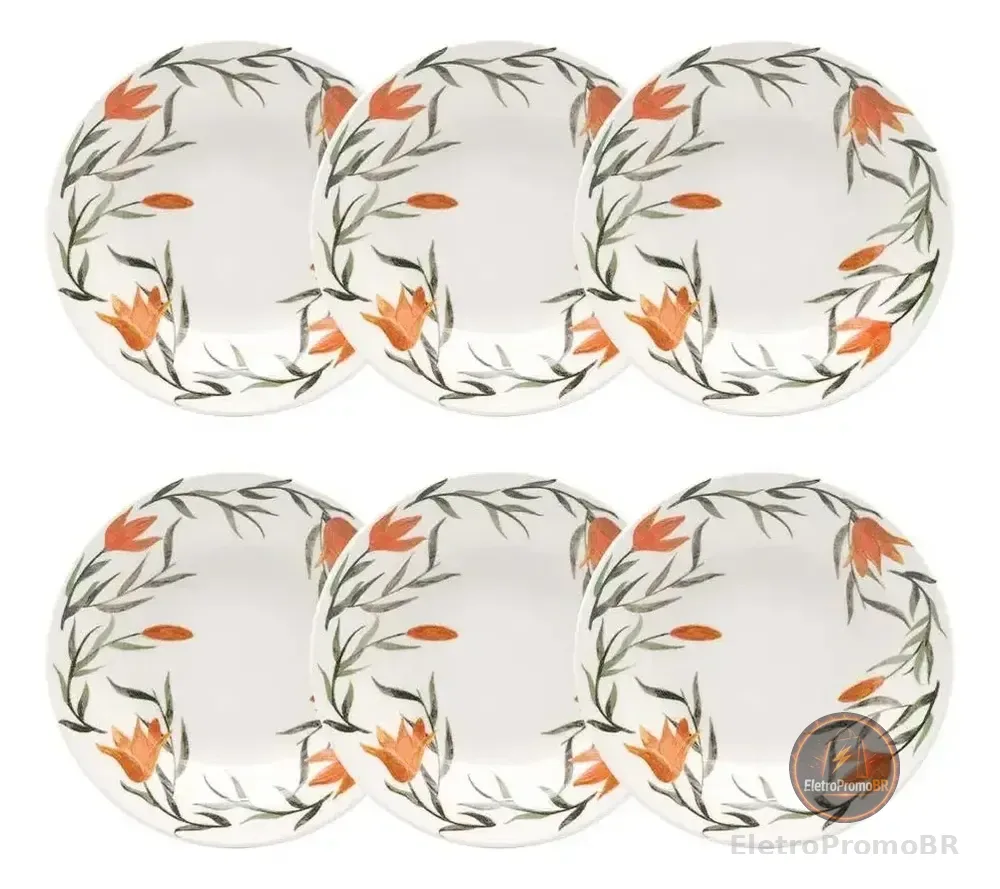 Conjunto De 6 Pratos Fundos Biona Donna Lírios Florido Verde, Laranja E Branco De 21,5  Verde, Laranja E Off White