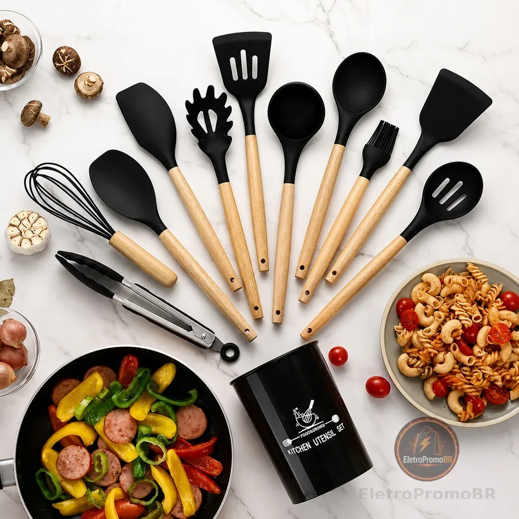 Kit Utensílios de Cozinha Silicone 12 Peças Completo Antiaderente Resistente