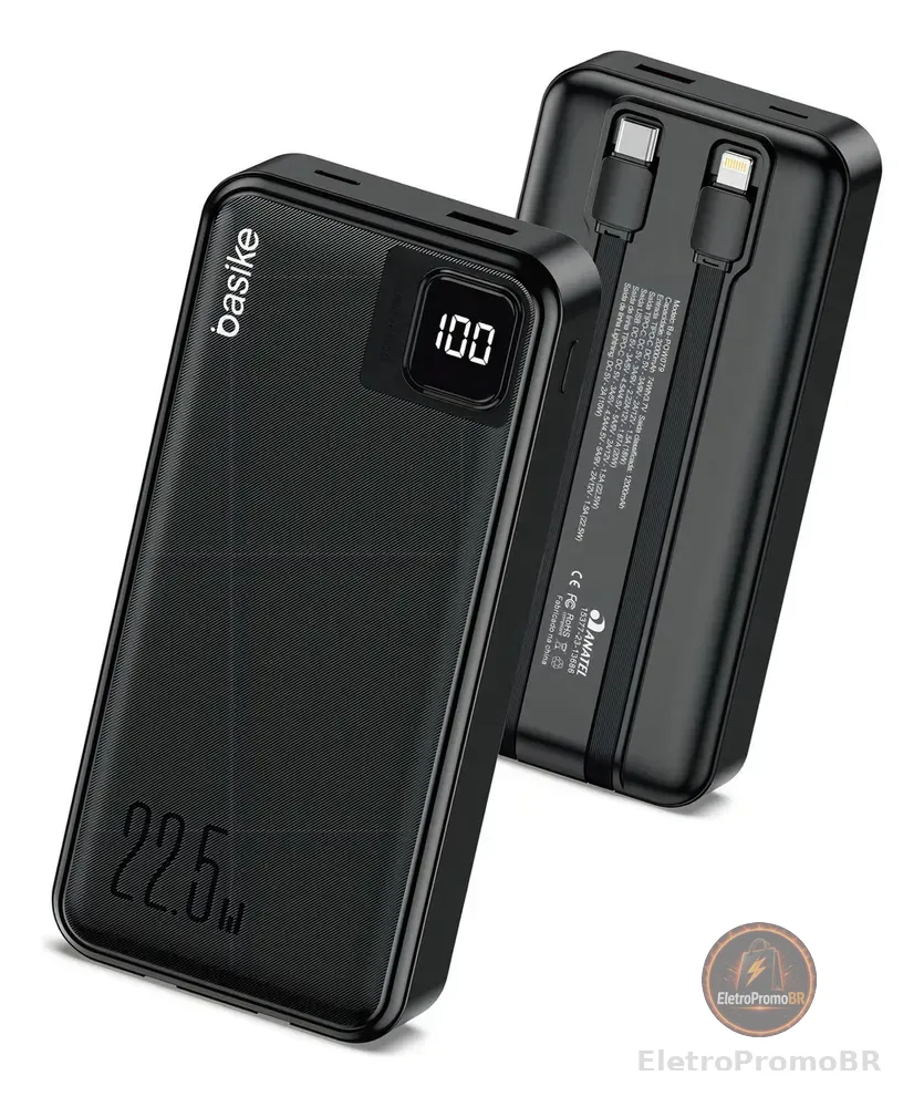 Power Bank Basike 20000mAh Preto, Carga Rápida 22.5W para iPhone e Samsung, Com Cabos Embutidos e Display
