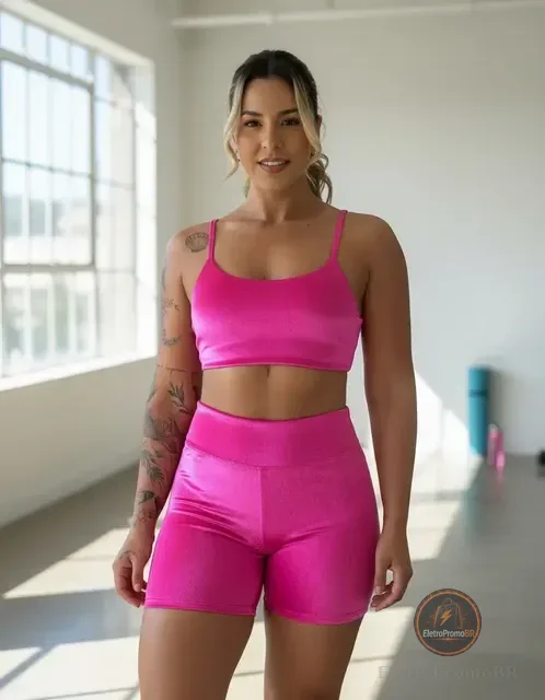 Conjunto Fitness Virginia Top Shorts Meia Coxa Cintura Alta