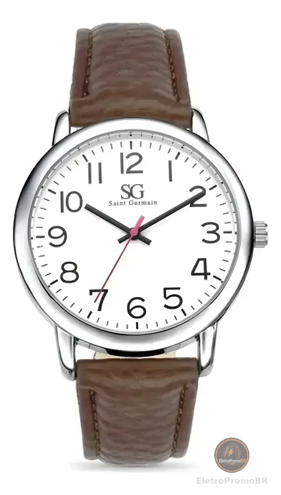 Relógio Masculino Chrowl Prateado Saint Germain Correia De Couro Marrom Caixa Prateada Fundo Branco 40mm Elegante Clássico