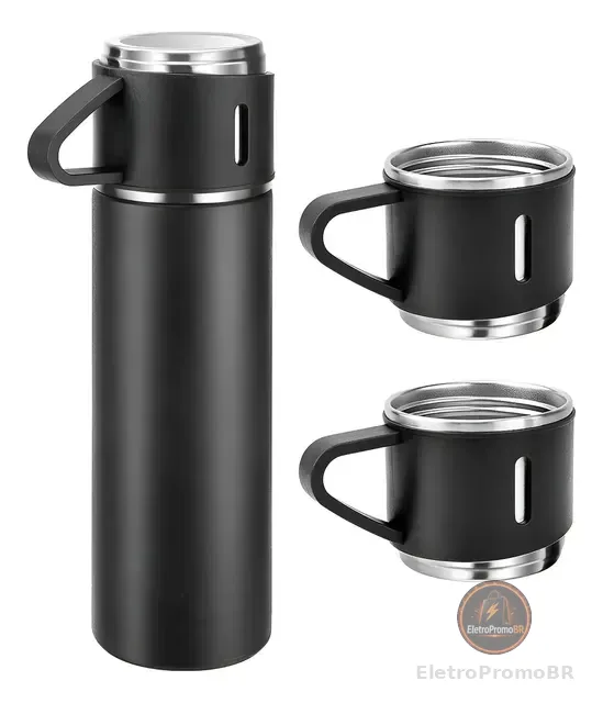 500ml Caneca Kit Garrafa Térmica Vacuum Bottle Inox + 3 Xíca
