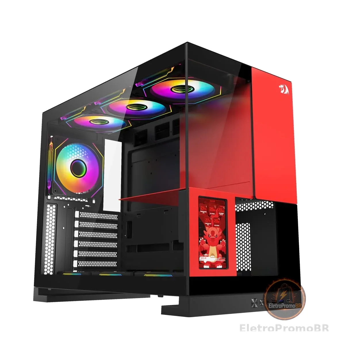 Gabinete Gamer Redragon Eternal Pro Preto e Vermelho Sem Fans com Tela LCD CA-613BR