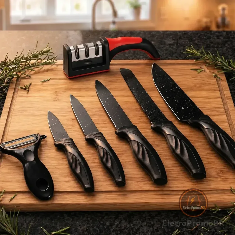 Kit Jogo De Facas 7 Peças Cozinha Aço Inox Corte Afiado Amolador Churrasco Sólar