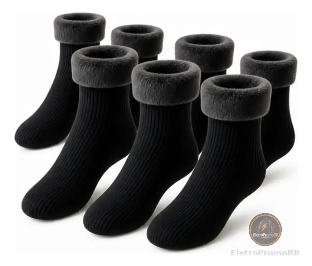 Kit 6 Meias Térmica Grossa Quente Inverno Frio Forrada Pelo Preto Kit 6 Meia 34-44
