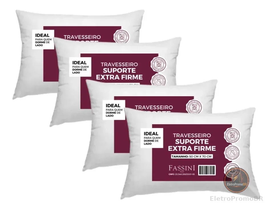 4 Travesseiros 100% Algodão  Fibra Siliconada Extra Firme  Branco Padrão