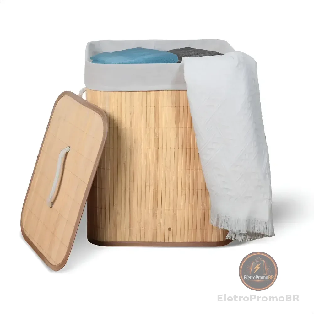 Cesto De Roupa Suja De Bambu Com Tampa E Alças 50 Litros Kontuz