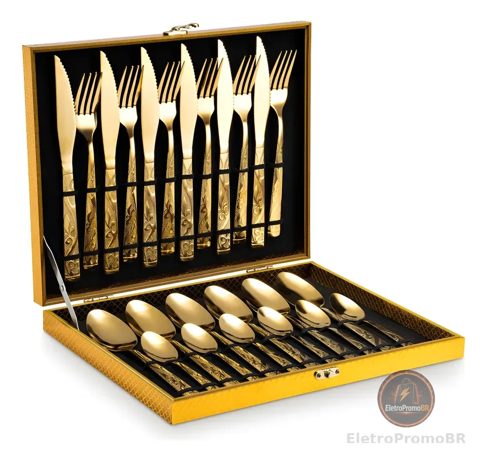 Kit Faqueiro Dourado Luxo Jogo Talheres Inox 24pçs + Maleta