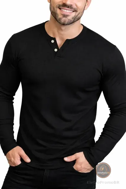 Camiseta Henley Masculina Manga Longa Slim 2 Botões Casual